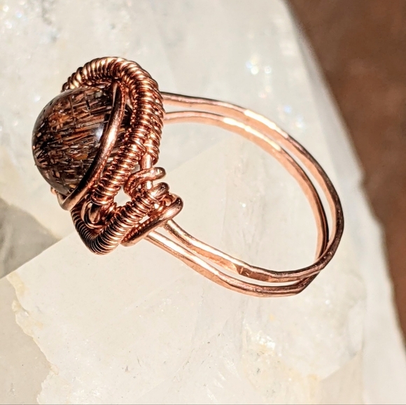 Copper Statement Ring Artisan Crafted With Rare Rutilated Quartz Crystal Bead - Picture 6 of 16